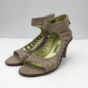 GLAM Size 9 Tsubo Sandals Heels Pumps Open Toe Strappy Taupe Gold Lined Ankle